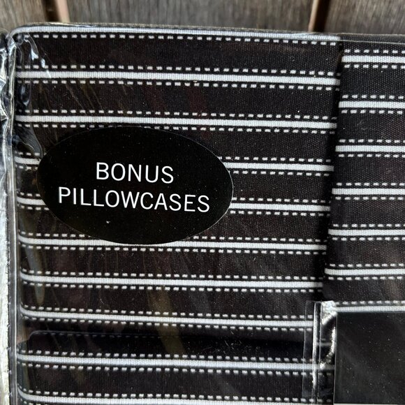 6-pc London Fog QUEEN SIZE Sheet Set BLACK w/WHITE PINSTRIPES (2 XTRA PC's) - Picture 4 of 4